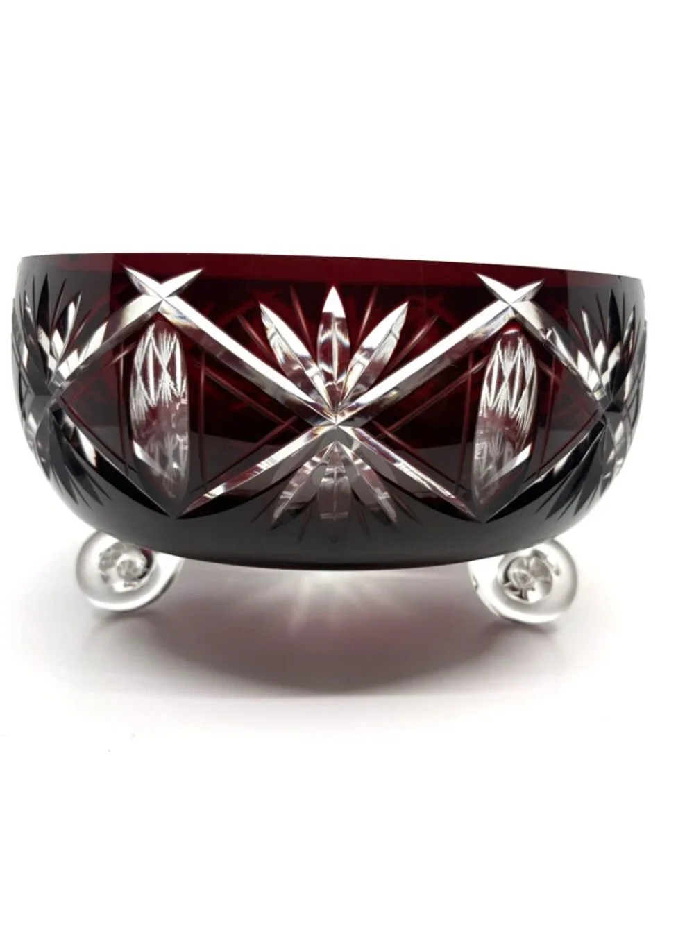 Vintage Bohemian Czech Ruby Cut to Clear Crystal Footed Centerpiece Bowl 8.5